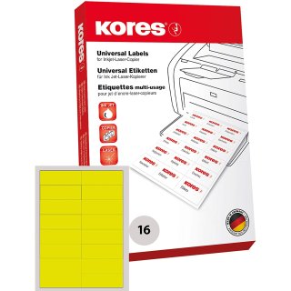 Kores Universal Etiketten 105 x 37 mm ohne Rand gelb 1.600 Etiketten auf 100 Blatt