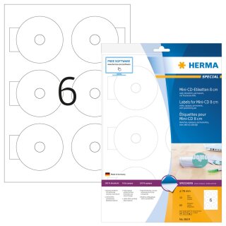 HERMA Mini CD/DVD Etiketten SPECIAL Durchmesser: 78 mm weiß 60 Etiketten