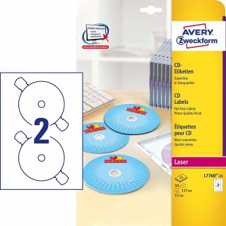 AVERY Zweckform CD Etiketten SuperSize weiß glänzend 117 mm Laser 50 Etiketten