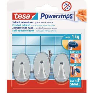 tesa Powerstrips Haken SMALL Oval chrom 3 Haken und 4 Strips