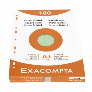 EXACOMPTA Karteikarten DIN A4 kariert farbig sortiert 4-fach Lochung 100 Stück