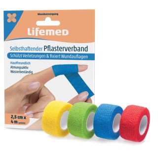 Lifemed Pflasterverband selbsthaftend Maße: 25 mm x 4,0 m farbig sortiert