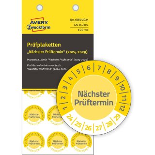 AVERY Zweckform Prüfplaketten "Nächster Prüftermin" 2024-29 gelb 120 Etiketten