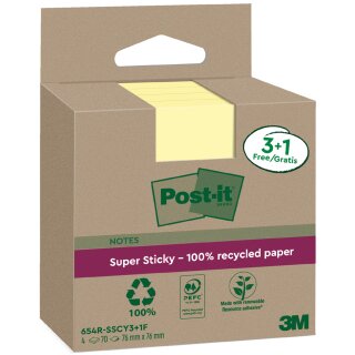 Post-it Super Sticky Recycling Notes 76 x 76 mm gelb 4 Blöcke á 70 Blatt