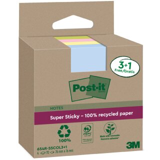 Post-it Super Sticky Recycling Notes 76 x 76 mm farbig 4 Blöcke á 70 Blatt