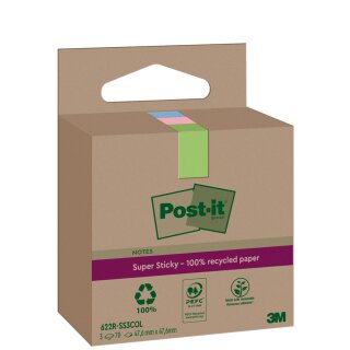 Post-it Super Sticky Recycling Notes 47,6 x 47,6 mm farbig 3 Blöcke á 70 Blatt