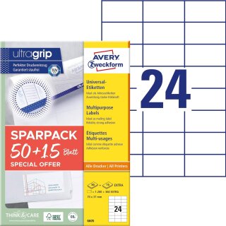 AVERY Zweckform Universal-Etiketten 70 x 37 mm 50 + 15 Blatt weiß