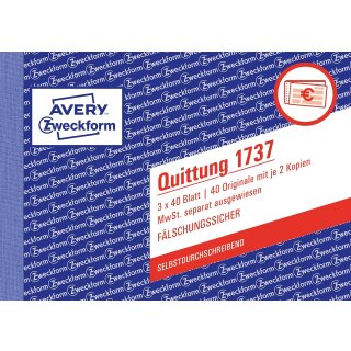 AVERY Zweckform Formularbuch "Quittung mit MwSt." SD A6 quer 3 x 40 Blatt