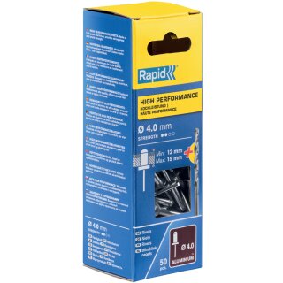 Rapid Blindniete Universal 4,0 x 18 mm aus Aluminium 50 Stück + Bohrer
