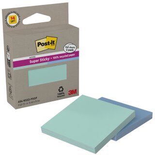Post-it Haftnotizen super sticky Recycling notes mint/blau 2 Blöcke á 70 Blatt